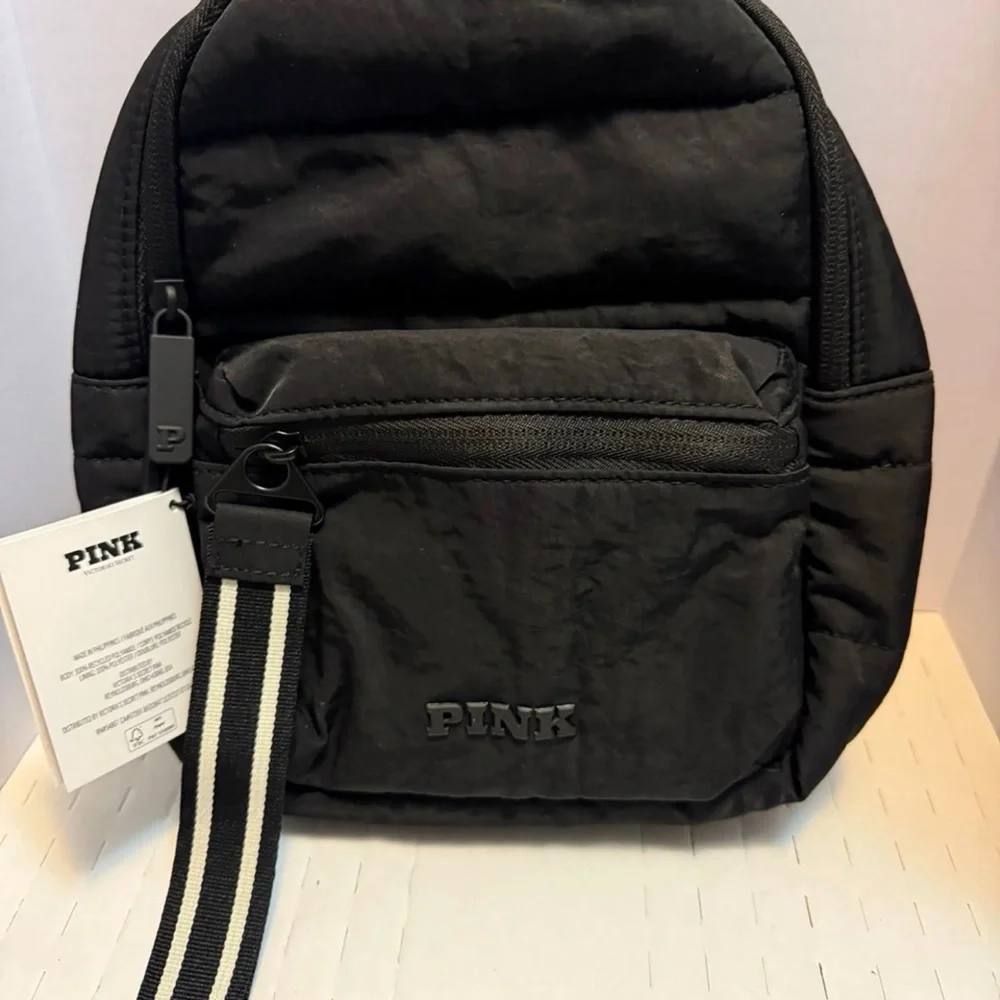 PINK Victoria's Secret Black Quilted‎ Mini Backpack with Striped Straps